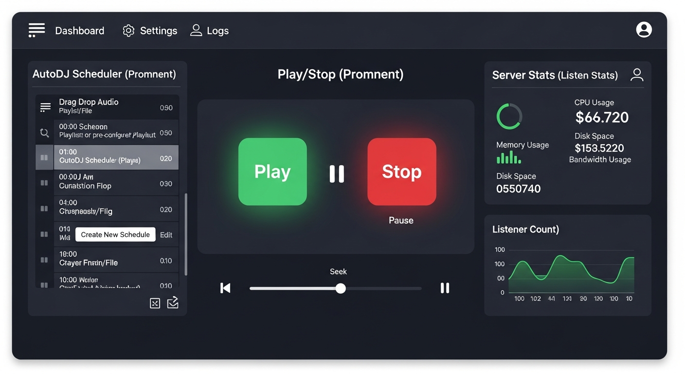 Modern Shoutcast Net managed hosting control panel vs traditional Shoutcast self-hosted interface showing automation and analytics advantages