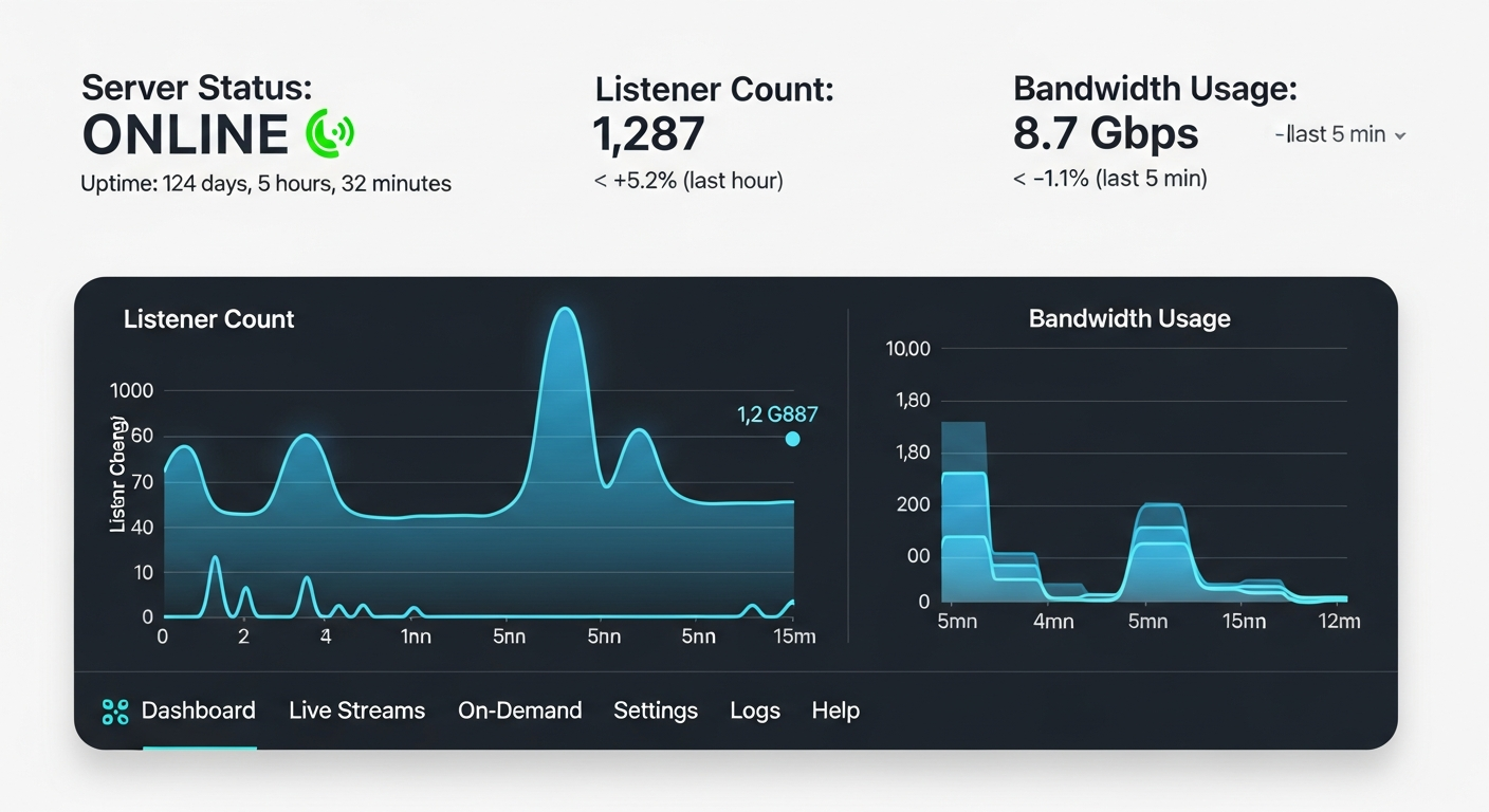 Shoutcast Net control panel home dashboard showing AutoDJ server status listener count and quick access menu