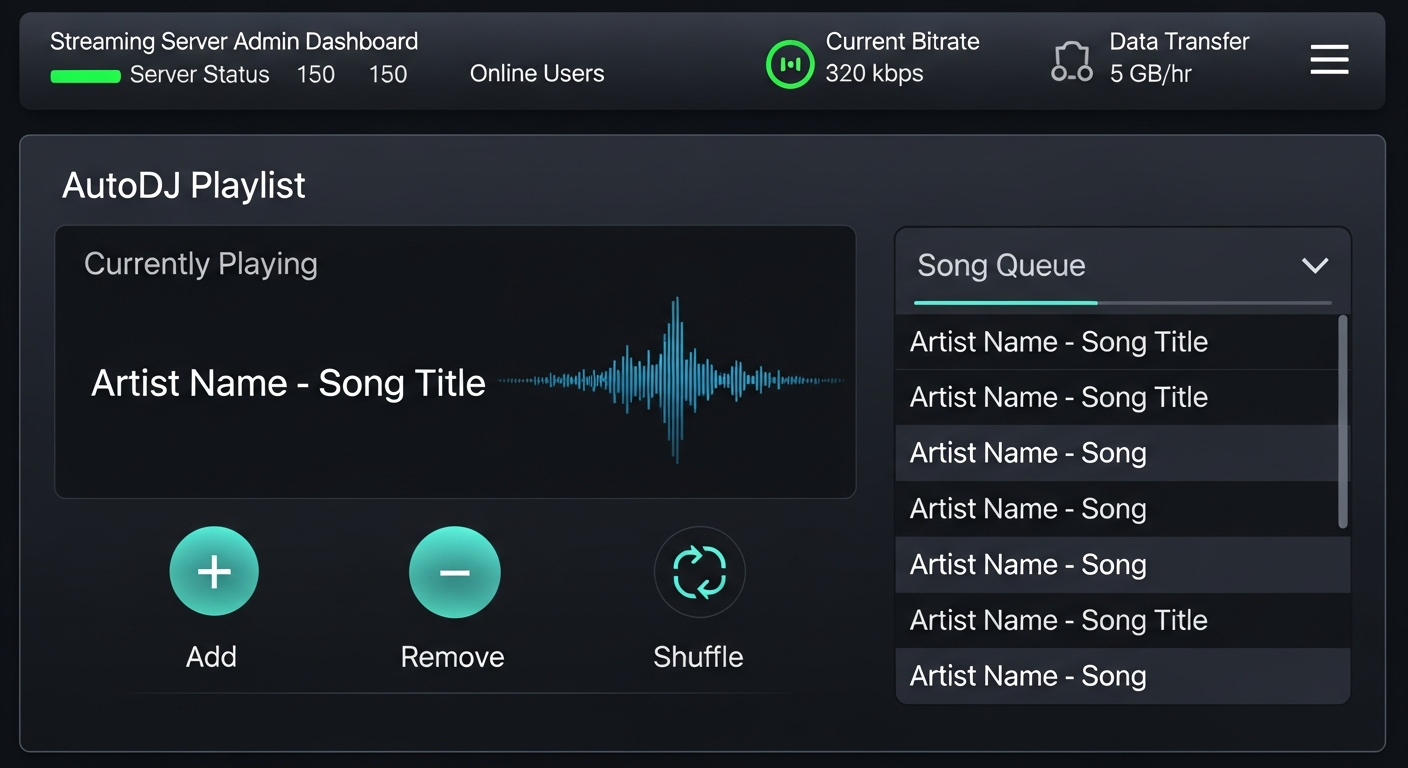 AutoDJ playlist management buttons for creating scheduling and activating 24/7 broadcast playlists