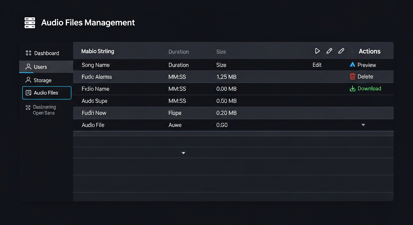AutoDJ stored media files library showing uploaded MP3 tracks with duration artist and title metadata