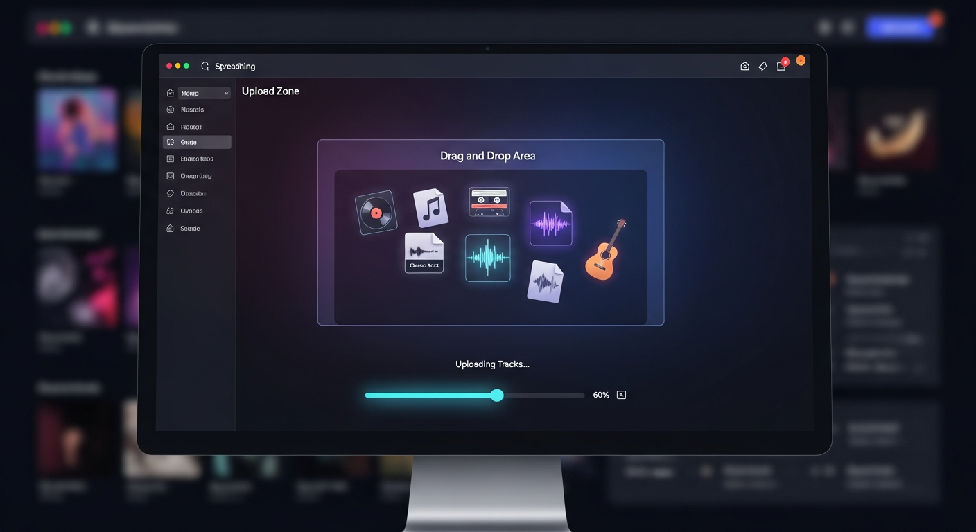 Upload MP3 audio files to AutoDJ from computer using drag-and-drop or file browser interface