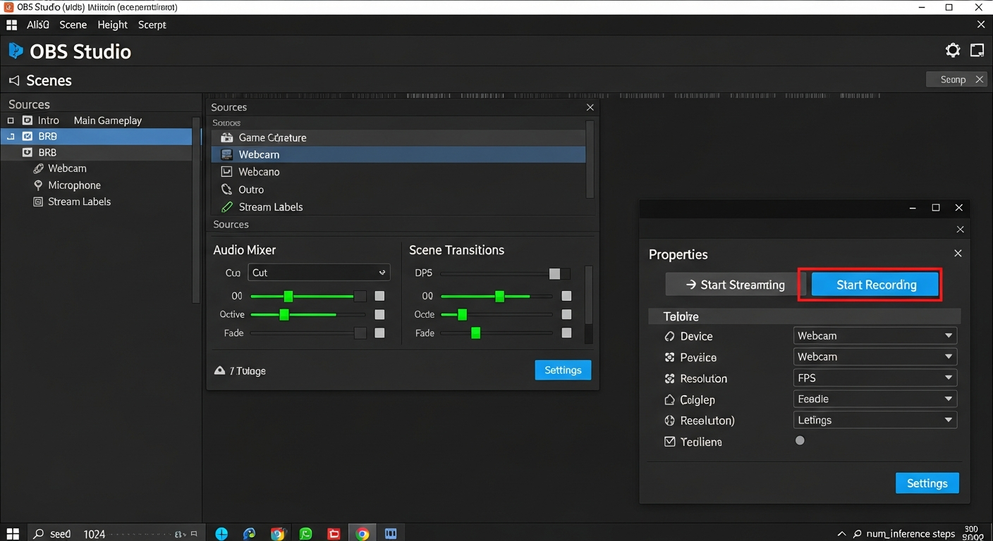 OBS Studio main interface with scenes sources audio mixer and streaming controls configured for live broadcasting