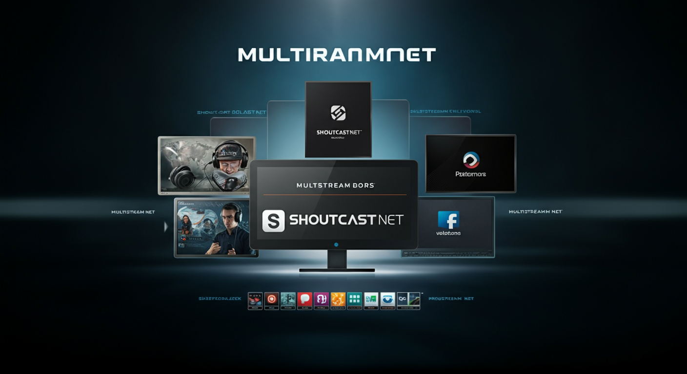 Shoutcast Net multistreaming dashboard broadcasting simultaneously to YouTube Twitch Facebook and 9 platforms with unlimited destinations flat-rate pricing