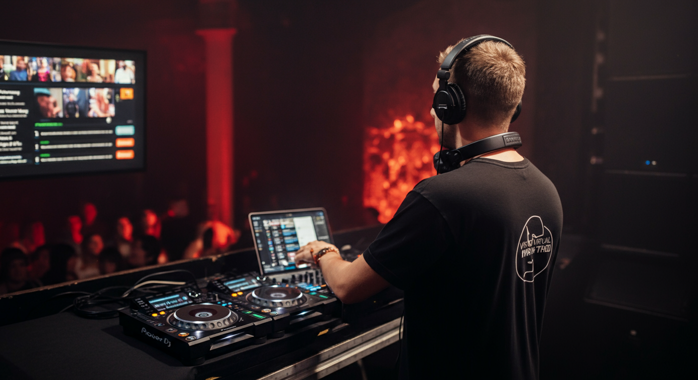 VirtualDJ Pro hybrid streaming setup broadcasting audio to Shoutcast internet radio and video to YouTube Twitch simultaneously for in-person and online audiences